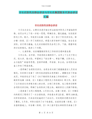 市长在防汛安排会讲话与市长在集团股东代表会讲话汇编