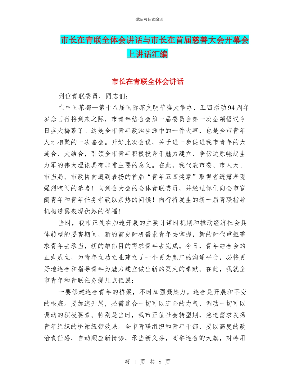 市长在青联全体会讲话与市长在首届慈善大会开幕会上讲话汇编_第1页