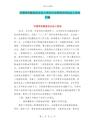 市领导在粮食安全会上讲话与市领导在纠风会上讲话汇编