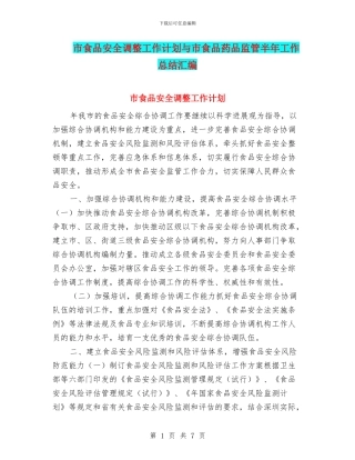 市食品安全调整工作计划与市食品药品监管半年工作总结汇编