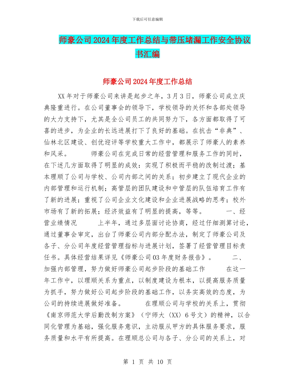 师豪公司2024年度工作总结与带压堵漏工作安全协议书汇编_第1页