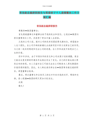 常务副总裁辞职报告与常委班子个人查摆整治工作方案汇编