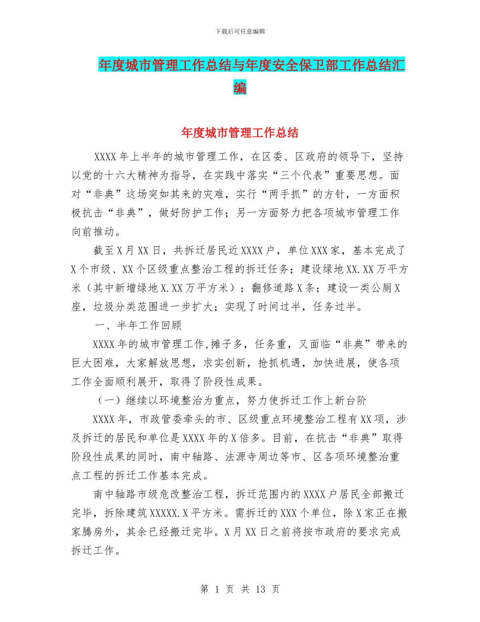 年度城市管理工作总结与年度安全保卫部工作总结汇编_第1页