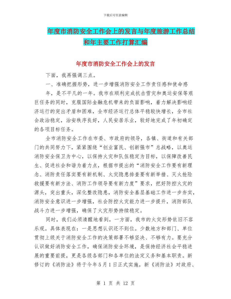 年度市消防安全工作会上的发言与年度旅游工作总结和年主要工作打算汇编_第1页