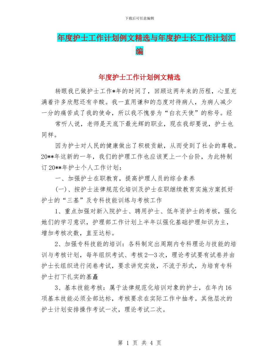 年度护士工作计划例文精选与年度护士长工作计划汇编_第1页