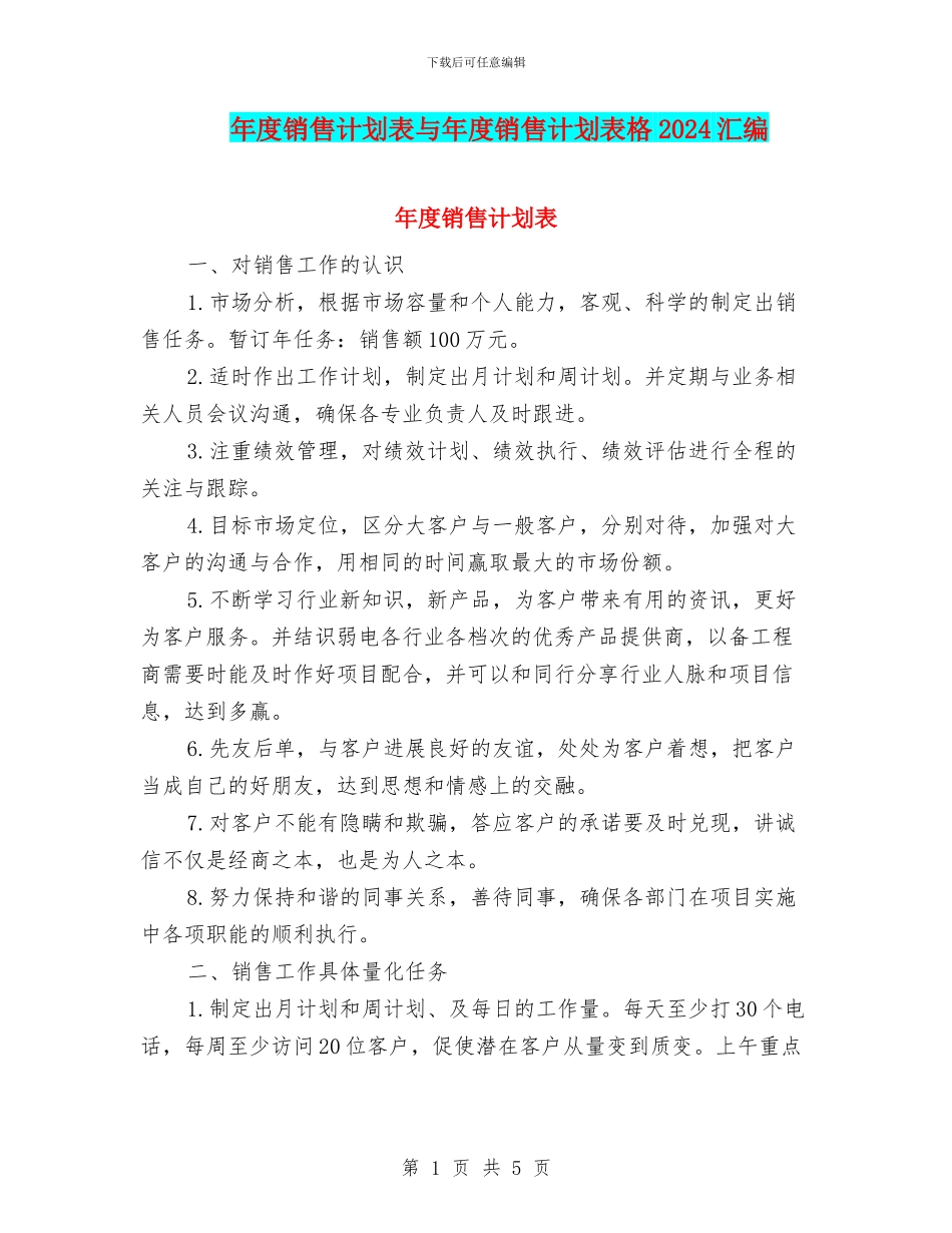 年度销售计划表与年度销售计划表格2024汇编_第1页