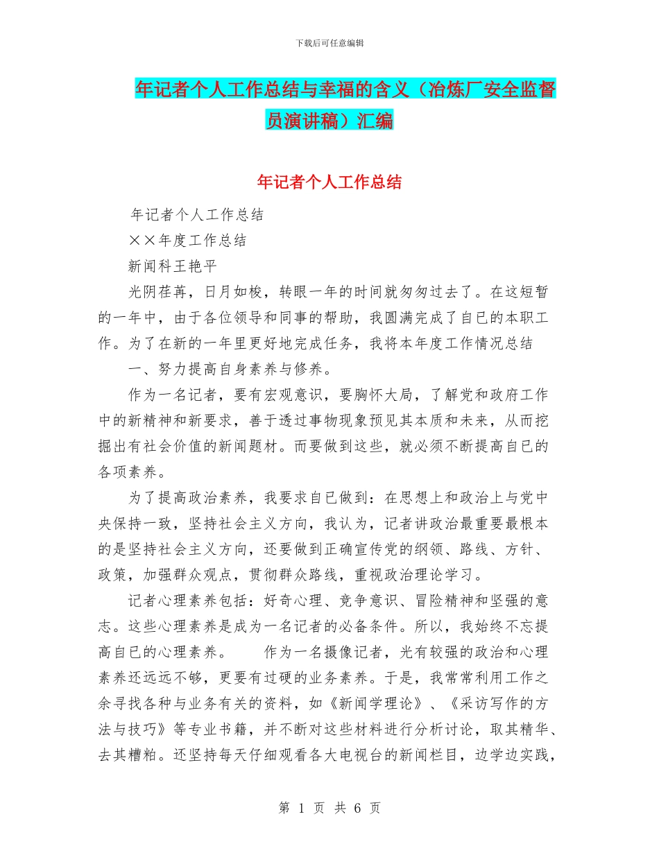 年记者个人工作总结与幸福的含义汇编_第1页