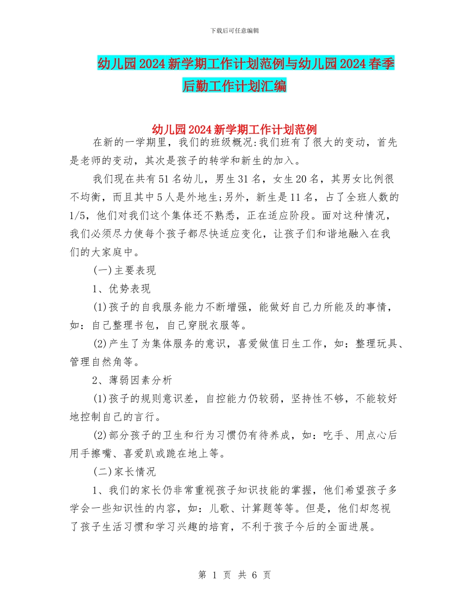 幼儿园2024新学期工作计划范例与幼儿园2024春季后勤工作计划汇编_第1页
