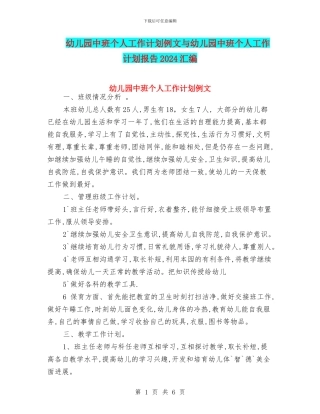 幼儿园中班个人工作计划例文与幼儿园中班个人工作计划报告2024汇编