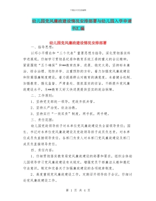 幼儿园党风廉政建设情况安排部署与幼儿园入学申请书汇编