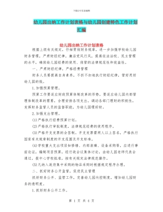 幼儿园出纳工作计划表格与幼儿园创建特色工作计划汇编