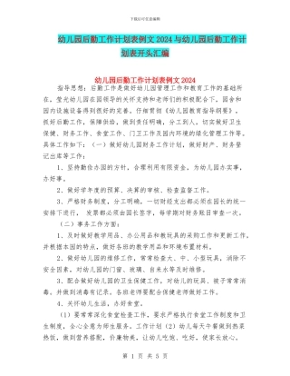 幼儿园后勤工作计划表例文2024与幼儿园后勤工作计划表开头汇编