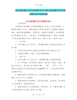 幼儿园后勤工作计划表格2024与幼儿园后勤工作计划表格2024年度汇编