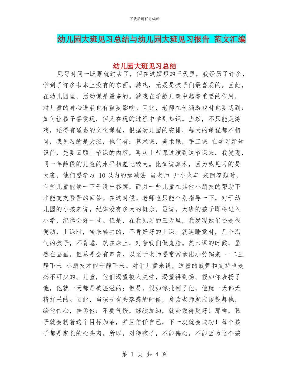 幼儿园大班见习总结与幼儿园大班见习报告_第1页