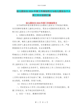 幼儿园安全2024年度工作规划范文与幼儿园安全个人周工作计划表汇编