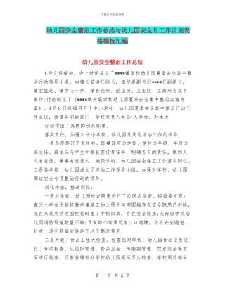 幼儿园安全整治工作总结与幼儿园安全月工作计划表格模板汇编