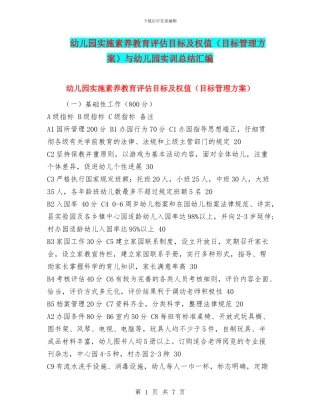 幼儿园实施素质教育评估目标及权值与幼儿园实训总结汇编