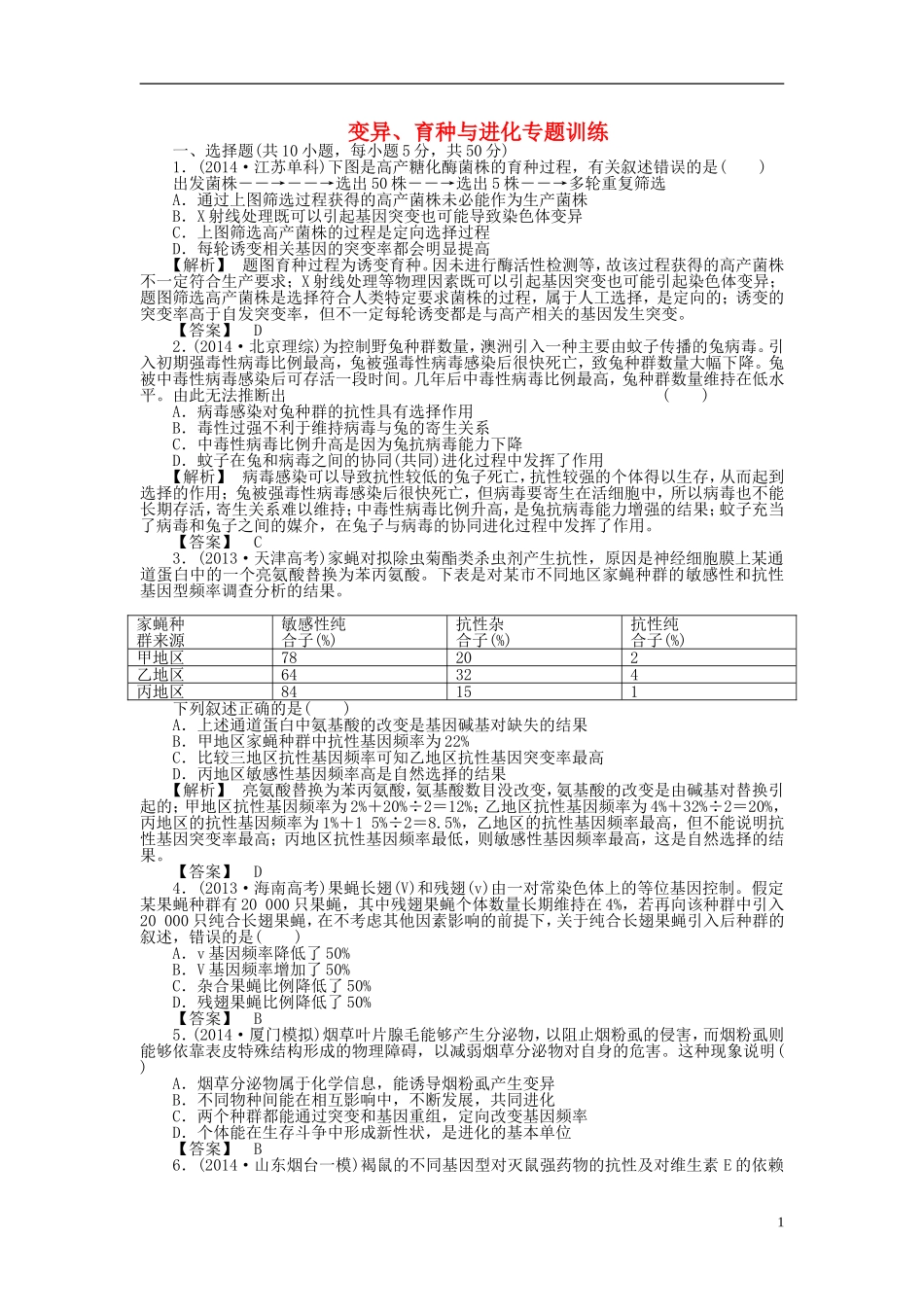 2015届高考生物二轮复习_专题训练_变异、育种与进化_第1页