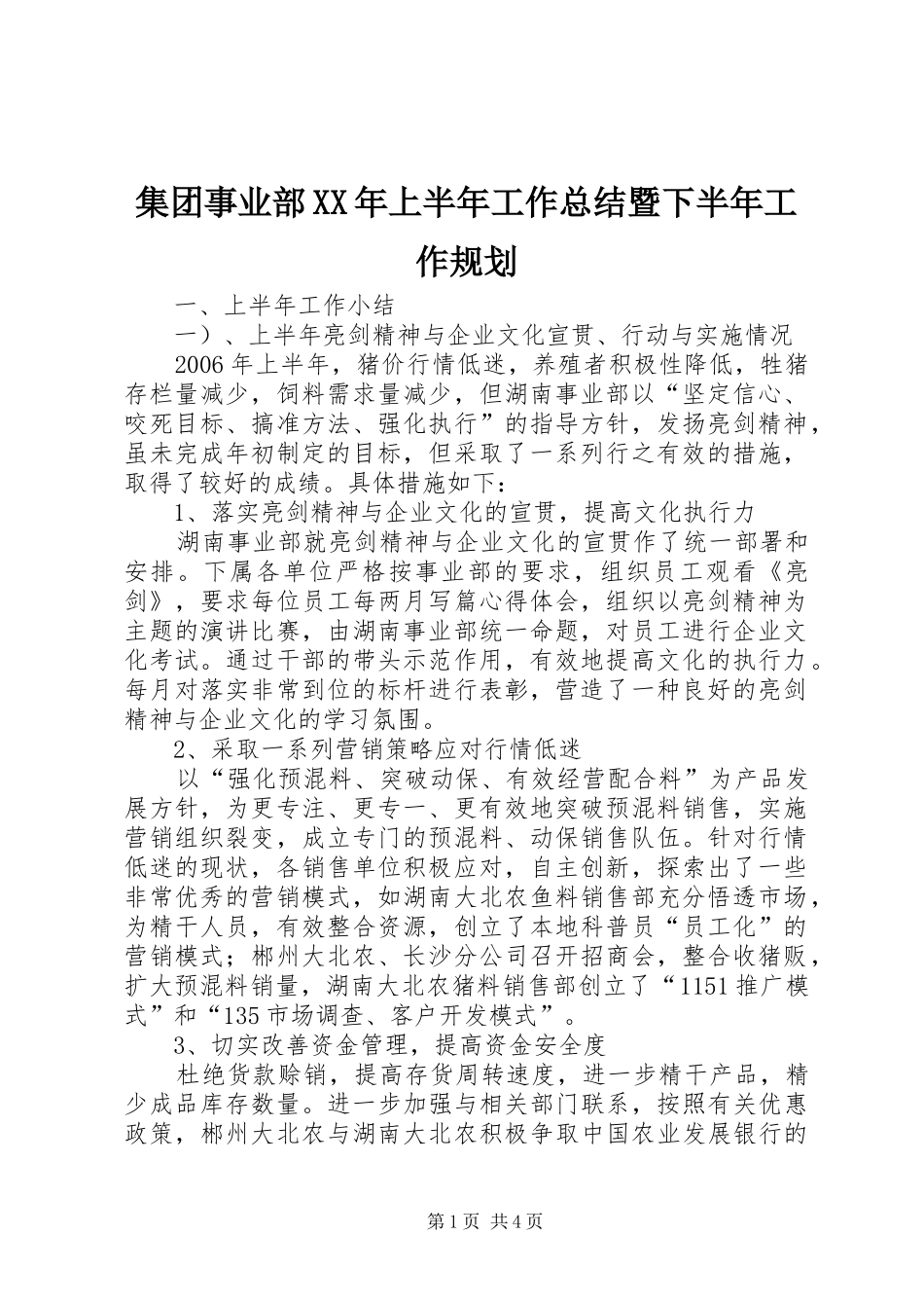集团事业部XX年上半年工作总结暨下半年工作规划_1_第1页
