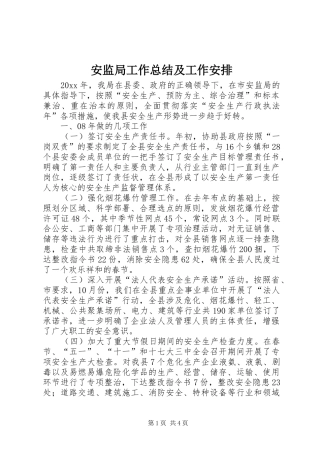 安监局工作总结及工作安排