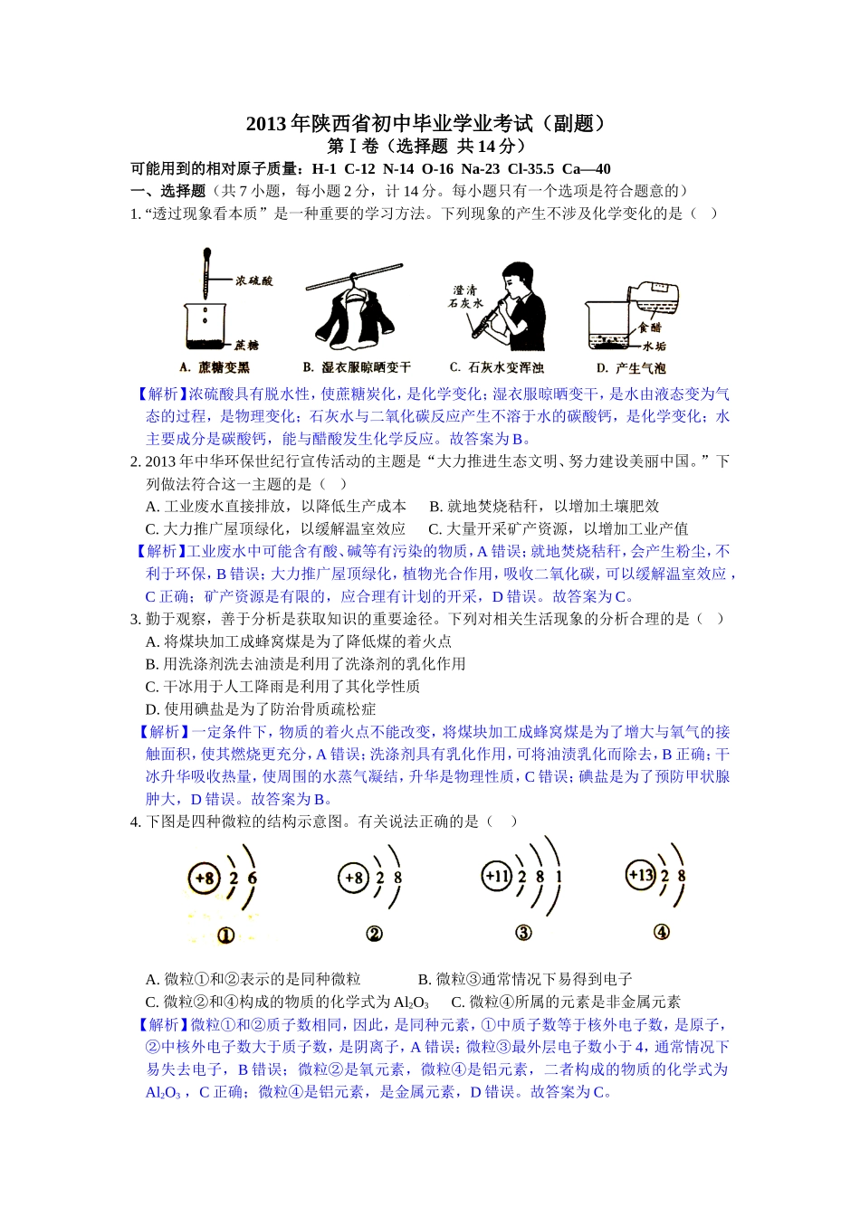 2013年陕西中考化学副题(含解析）_第1页