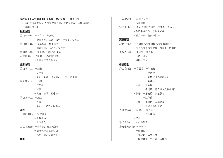苏教版《唐诗宋词选读》(选修)复习资料——唐诗部分_第1页