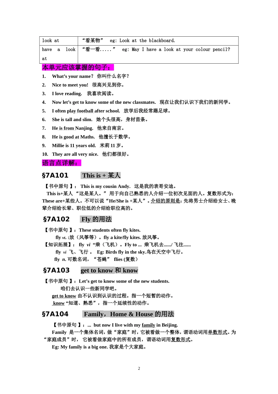 牛津译林版英语7A+Unit1+知识点详解_第2页