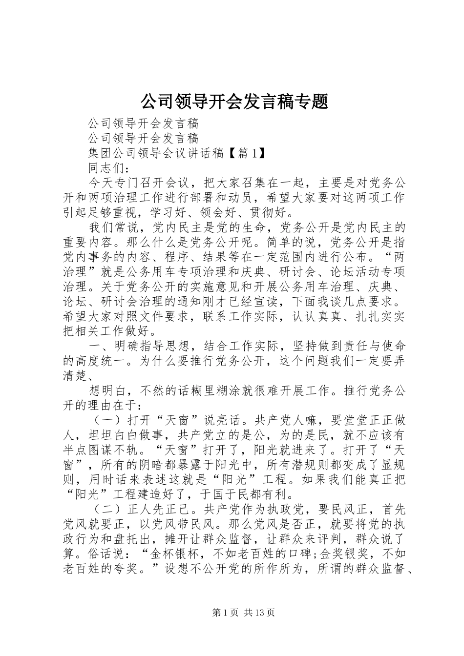 公司领导开会发言稿专题_第1页