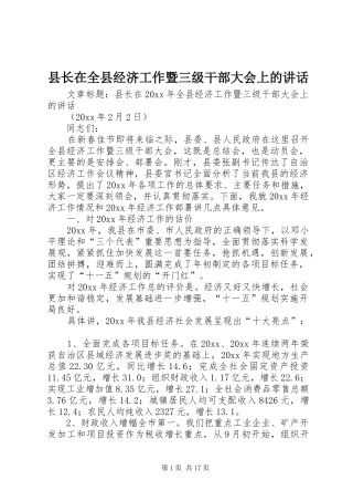 县长在全县经济工作暨三级干部大会上的讲话