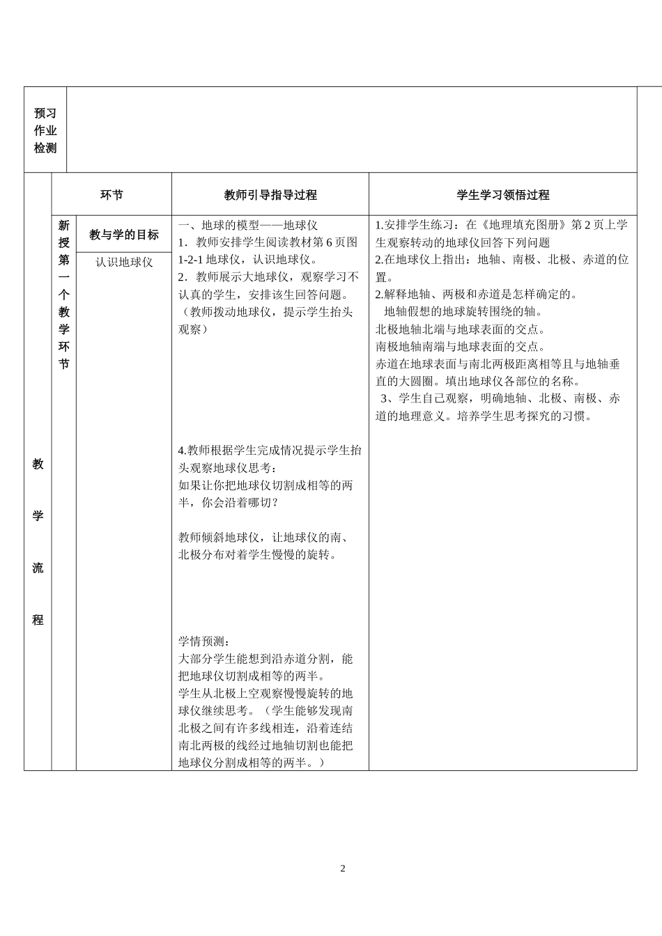 三墩中地理备课学课堂教学计划设计(地球仪和经纬网）_第2页