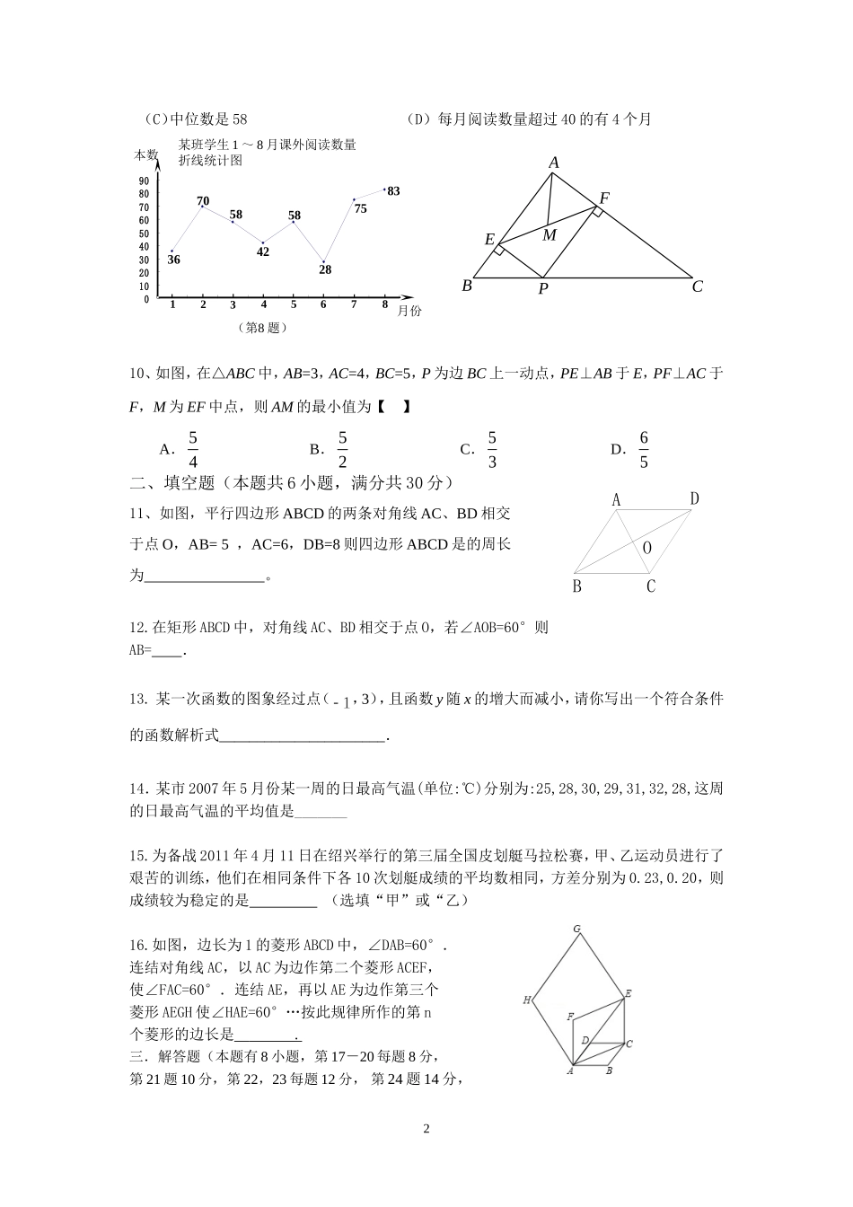 2015新人教版八年级下册数学期末复习试卷_第2页