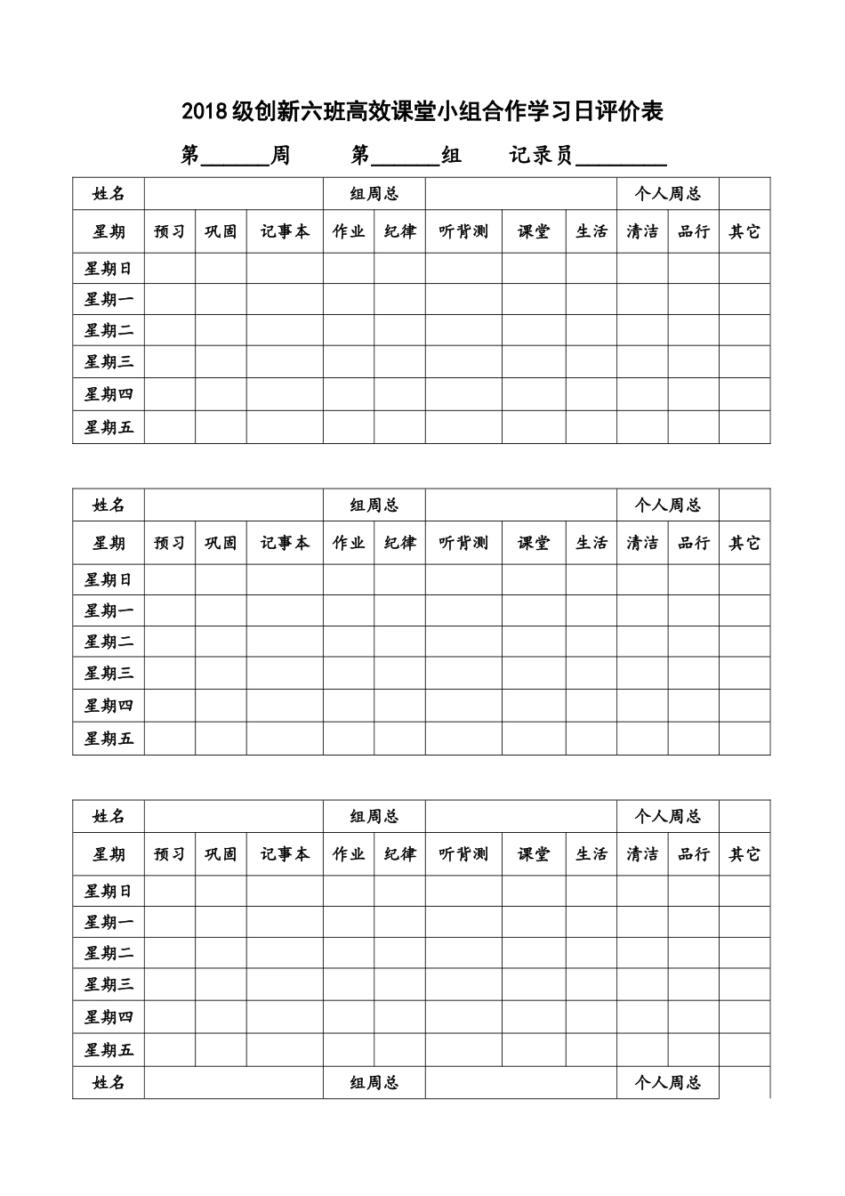 2018级创新六班高效课堂小组合作学习日评价表_第1页