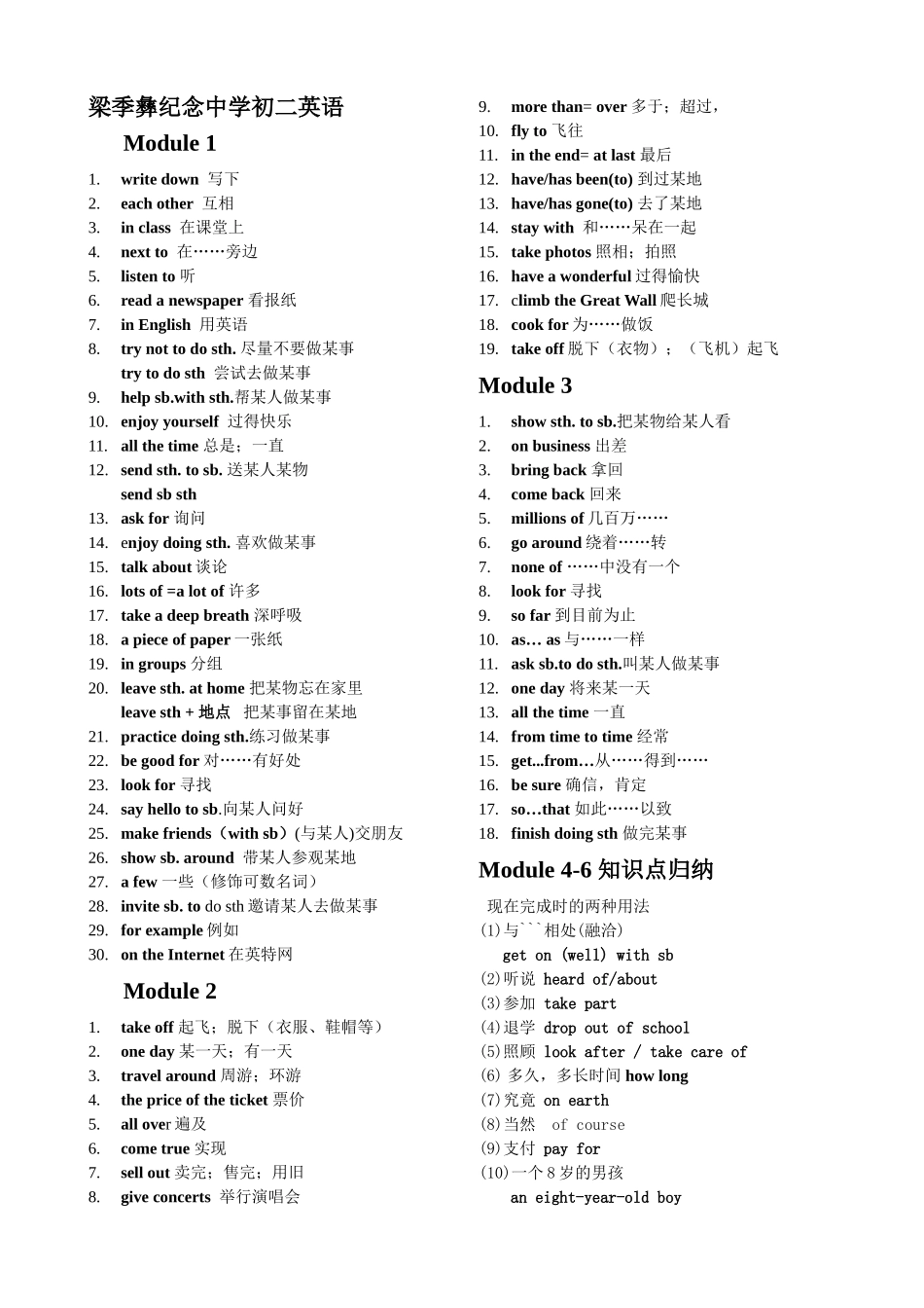 初二上册各模块重点短语_第1页