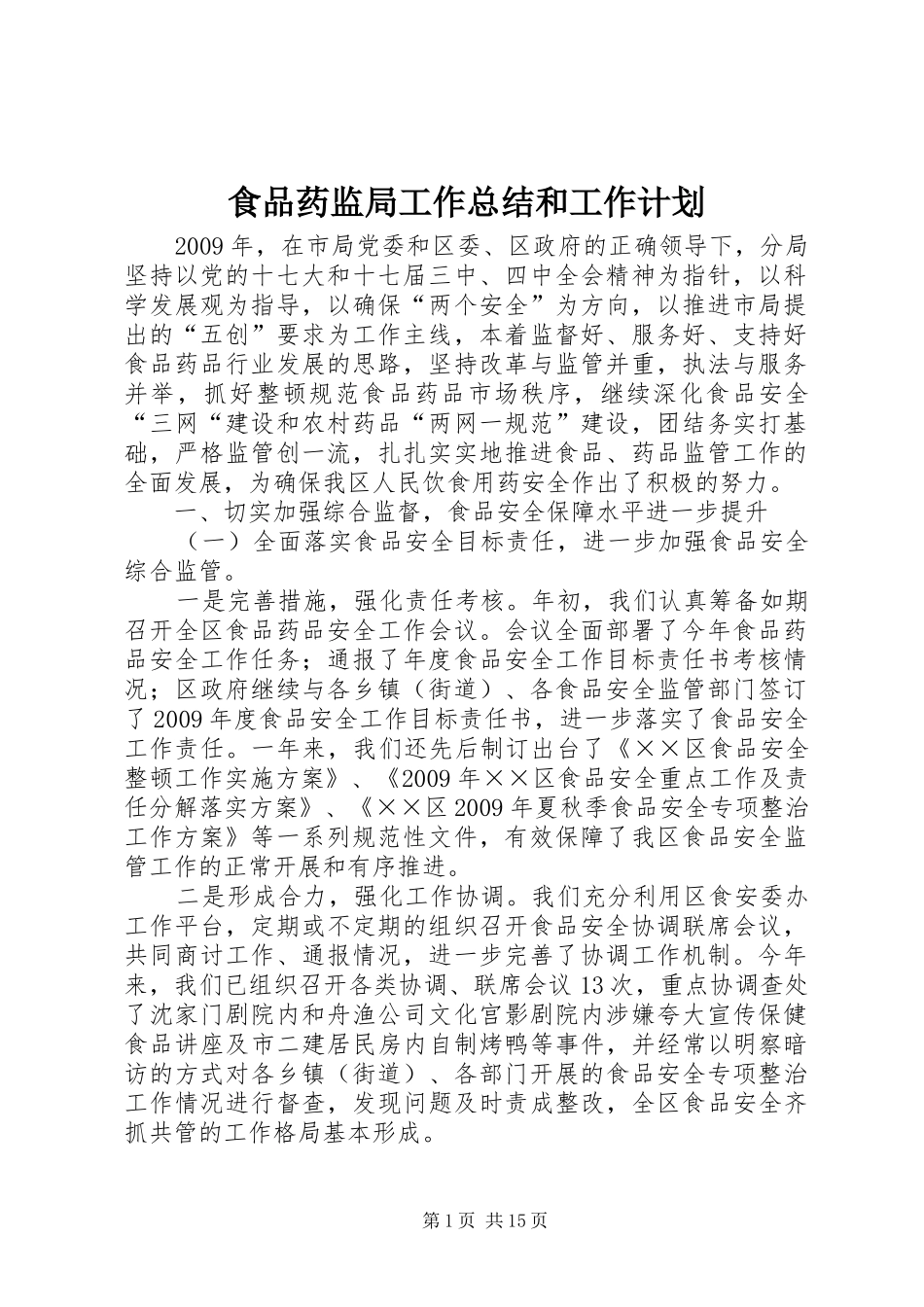 食品药监局工作总结和工作计划_第1页