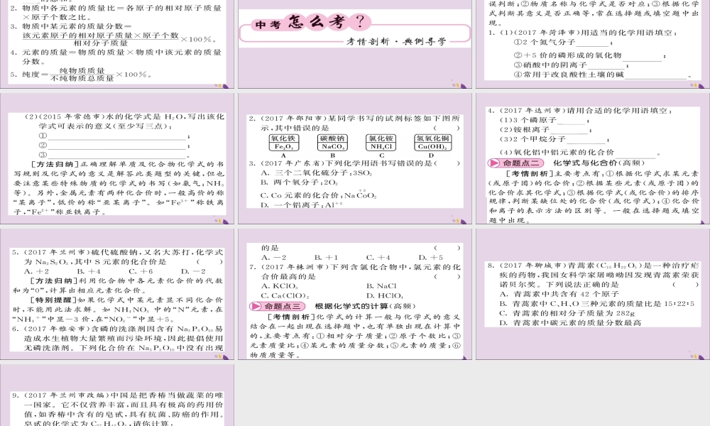 中考化学总复习 第一轮复习 系统梳理 夯基固本 第8讲 化学式和化学价课件