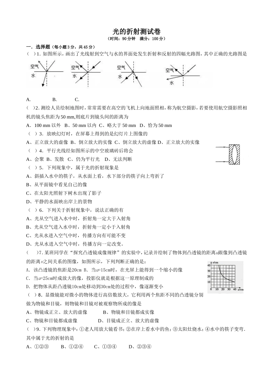 光的折射凸透镜成像测试卷第四章_第1页