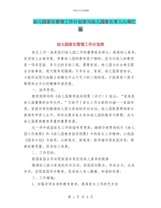 幼儿园家长管理工作计划表与幼儿园家长育儿心得汇编