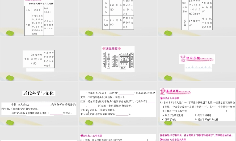 九年级历史下册 第二单元 第二次工业革命和近代科学文化 第7课 近代科学与文化习题课件 新人教版 课件
