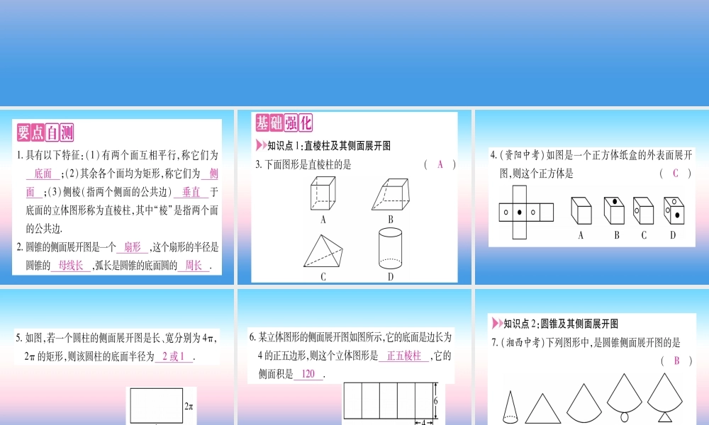九年级数学下册 第3章 投影与视图 32 直棱柱、圆锥的侧面展开图作业课件 (新版)湘教版 课件
