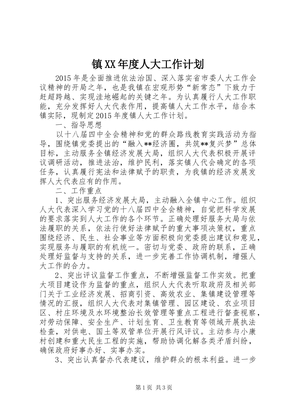 镇XX年度人大工作计划_第1页