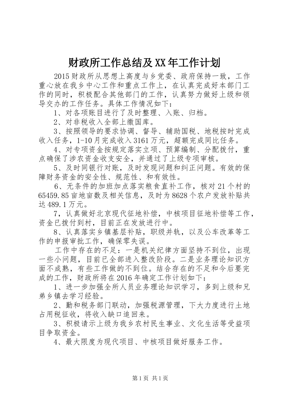 财政所工作总结及XX年工作计划_第1页