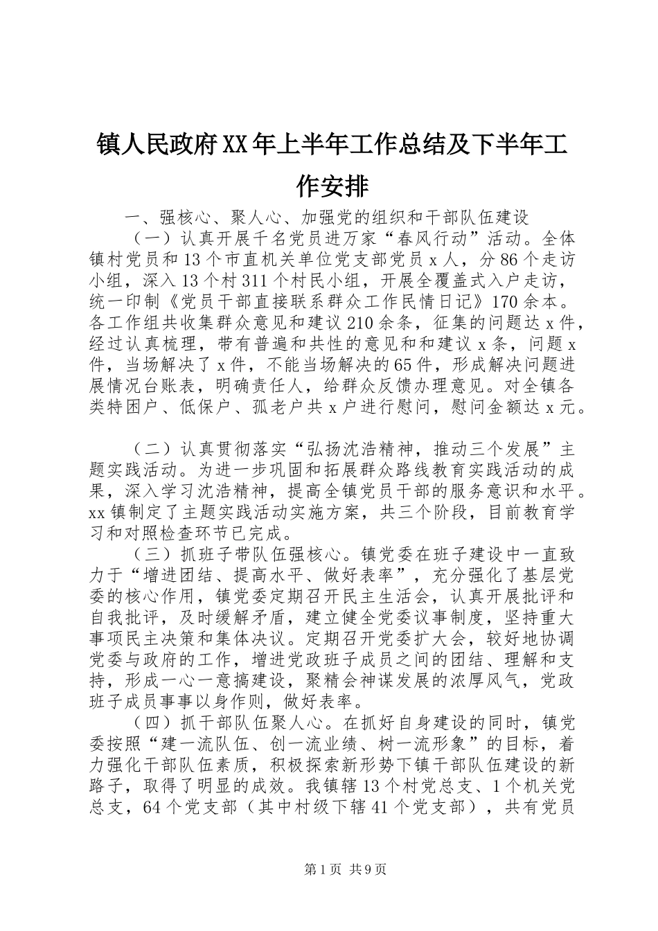 镇人民政府XX年上半年工作总结及下半年工作安排_第1页