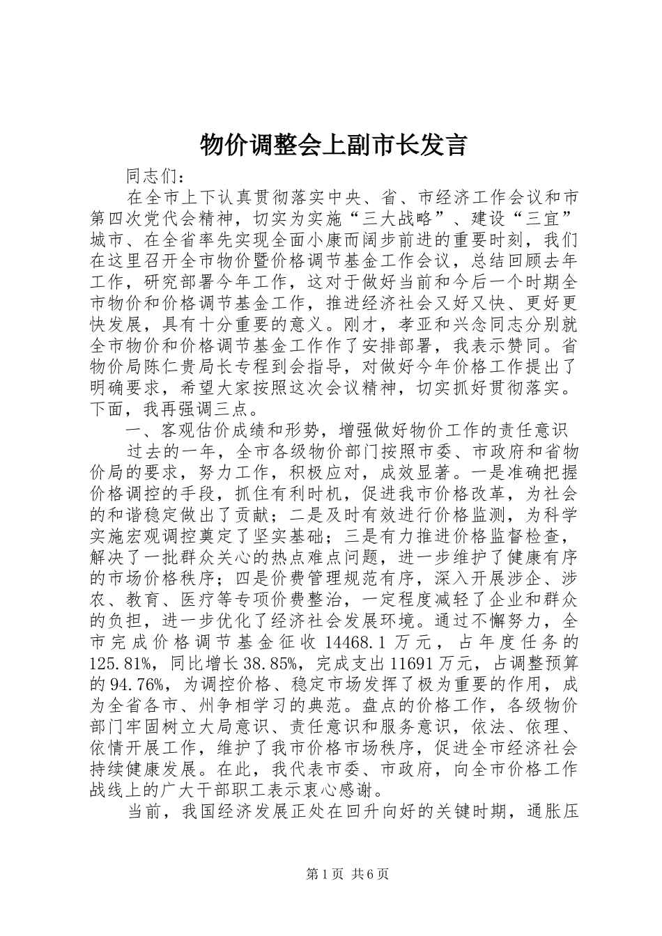 物价调整会上副市长发言_第1页