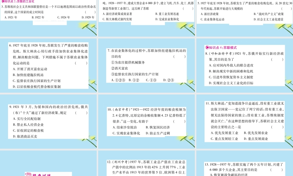 九年级历史下册 第三单元 第一次世界大战和战后初期的世界 第11课 苏联的社会主义建设习题课件 新人教版 课件