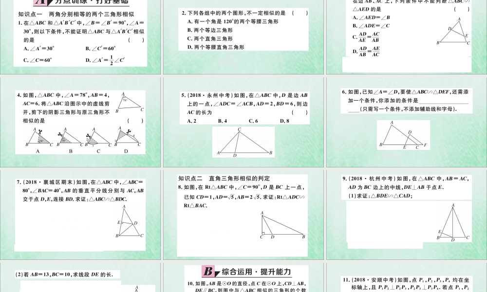九年级数学下册 第27章 相似 272 相似三角形 2721 相似三角形的判定 第4课时 两角分别相等的两个三角形相似习题讲评课件 (新版)新人教版 课件