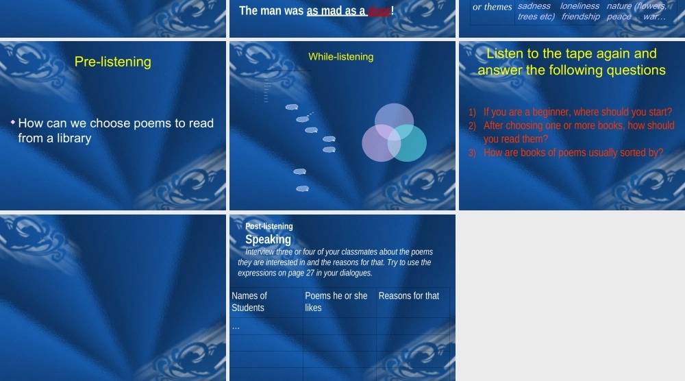 教师演示文稿Listening and speaking  A Garden of Poems Unit 4 Agarden of poems Reading 全套课件  新课标 人教版 Unit 4 Agarden of poems Reading 全套课件  新课标 人教版