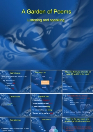教师演示文稿Listening and speaking  A Garden of Poems Unit 4 Agarden of poems Reading 全套课件  新课标 人教版 Unit 4 Agarden of poems Reading 全套课件  新课标 人教版