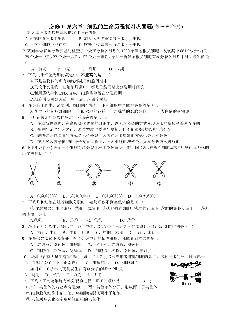 细胞的增殖单元检测练习题_第1页