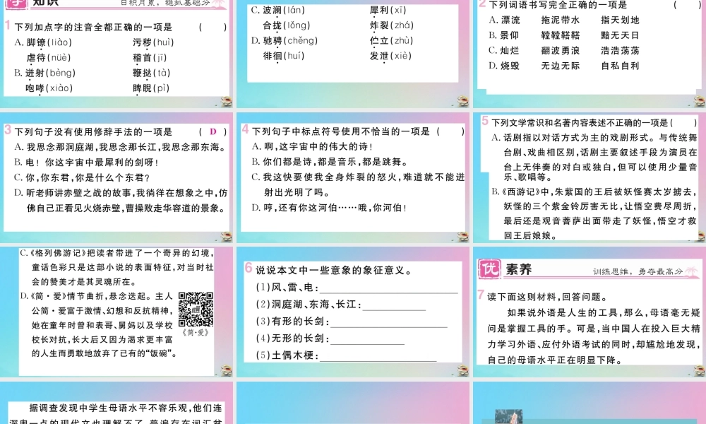 九年级语文下册 第五单元 17 屈原(节选)作业课件 新人教版 课件