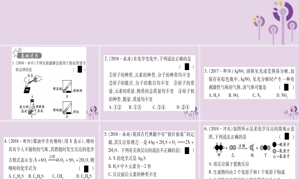 中考化学复习 第一部分 基础知识 第二单元 化学基本概念和原理 第13讲 质量守恒定律(精练)课件